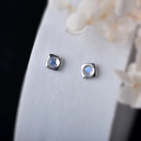 Authentic Natural Moonstone Ear Studs Sterling Silver, Natural Gemstone Earrings - Picture 5 of 5
